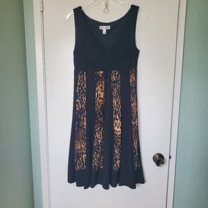 Dressbarn Black Leopard Drape Crossover Bodice Grunge WhimsiGoth Midi Dress Sz 8